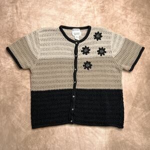 Vintage Y2K Christopher & Banks Floral Crochet Button Up Sweater Short Sleeve